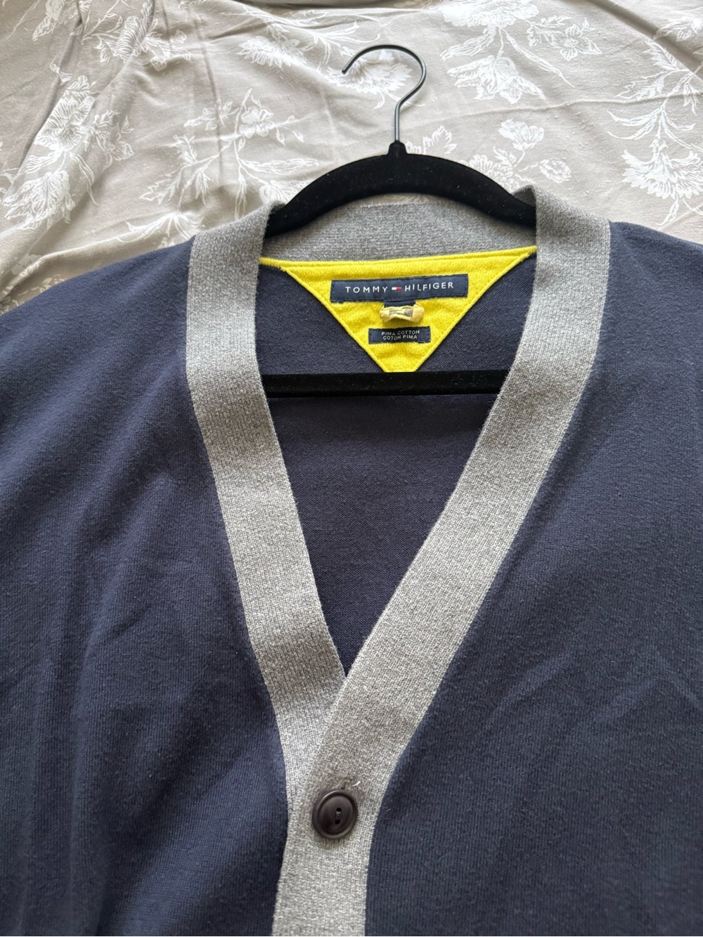 Tommy Hilfiger Navy Cardigan with Gray Trim and Yellow Accent
